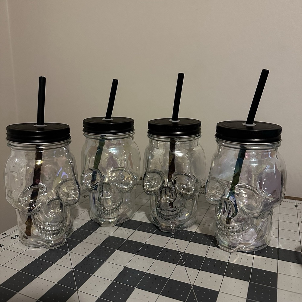 Set of 4 ~Glass Iridescent Skull Halloween Sipper Jar with Lid & Straw 16oz-